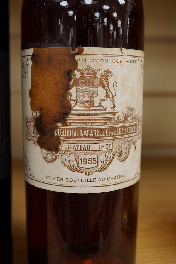 Three bottles of wine, including Chateau Filhot, 1955